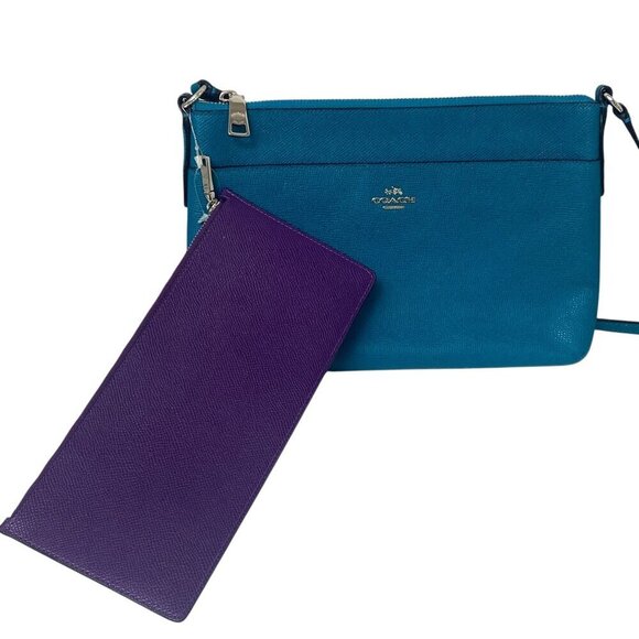 COACH Crossbody Bag with Cosmetic Teal Blue Designer Leather HandbagF1493